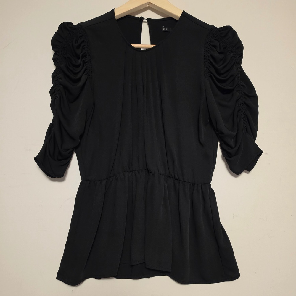 Sfera Collection Ruched Puff Sleeve Pleated Peplum Top Blouse Black Medium